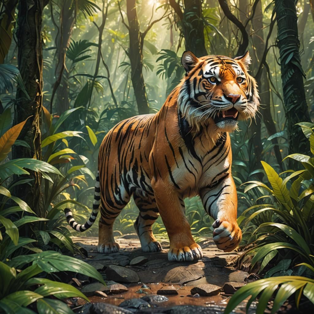 Tiger Prowling in Jungle, Pixar-Style Illustration