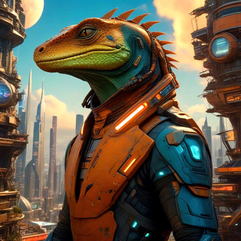 Reptilian Rulers in a Neon-Lit Cyberpunk Metropolis