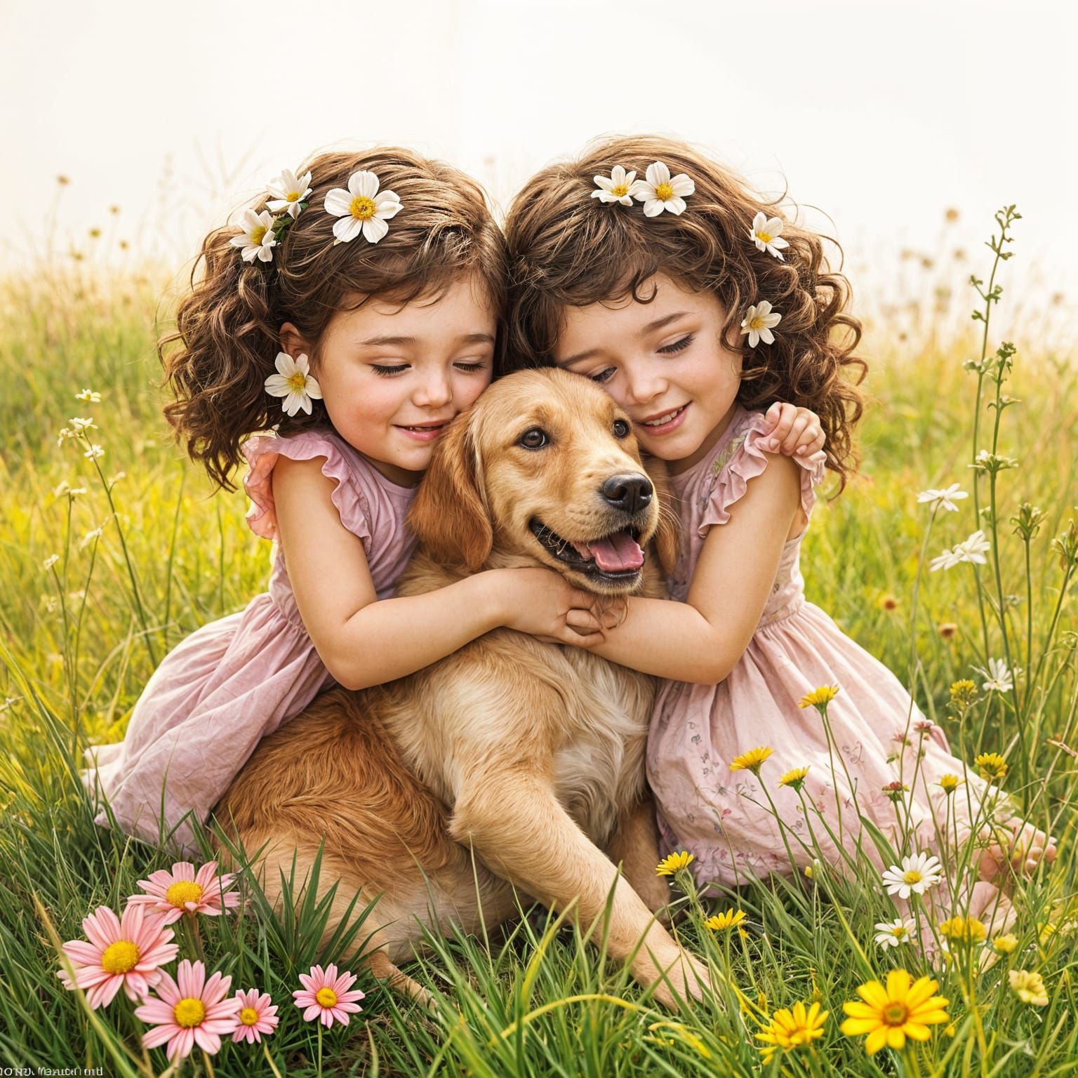 Twin Toddlers Cuddling a Happy Golden Labrador