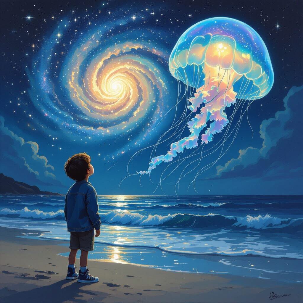 Boy Gazes at Bioluminescent Jellyfish Galaxy, Surrealist Pai...