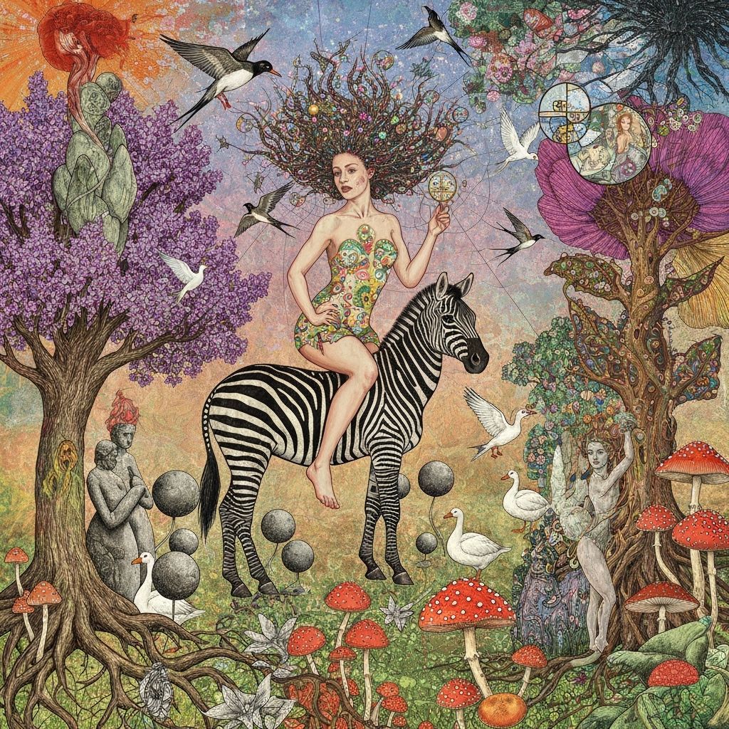 Goddess of Life Riding Zebra Through Surreal Landscape