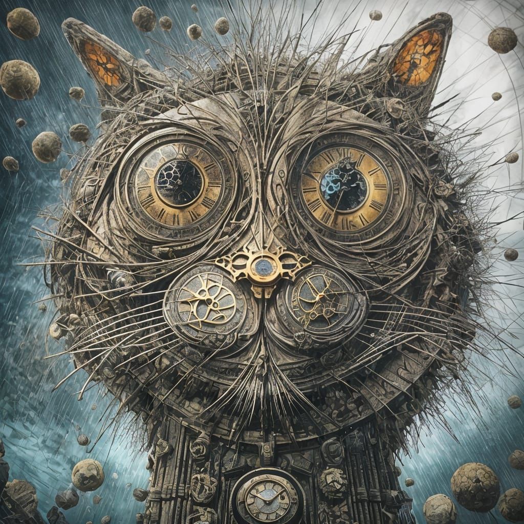 Cat Hiker Enters Clock Portal in Steampunk Style