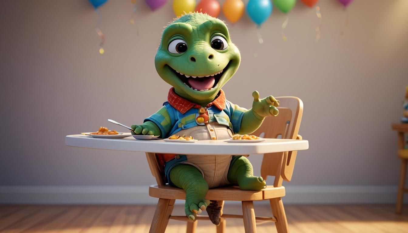 Cute Bald Dinosaur Baby in a High Chair, Pixar Concept Art S...