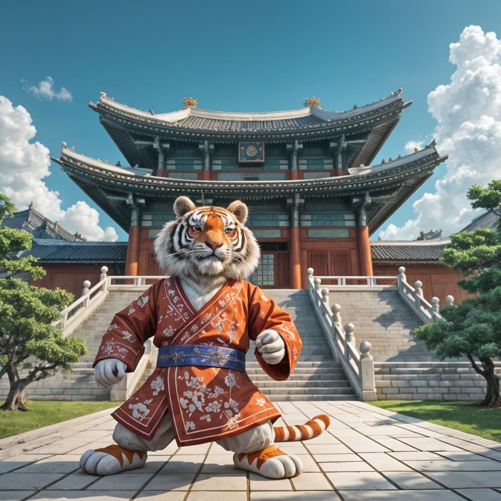 Geongbokgung Palace with Kung-Fu Panda Tiger in Hanbok