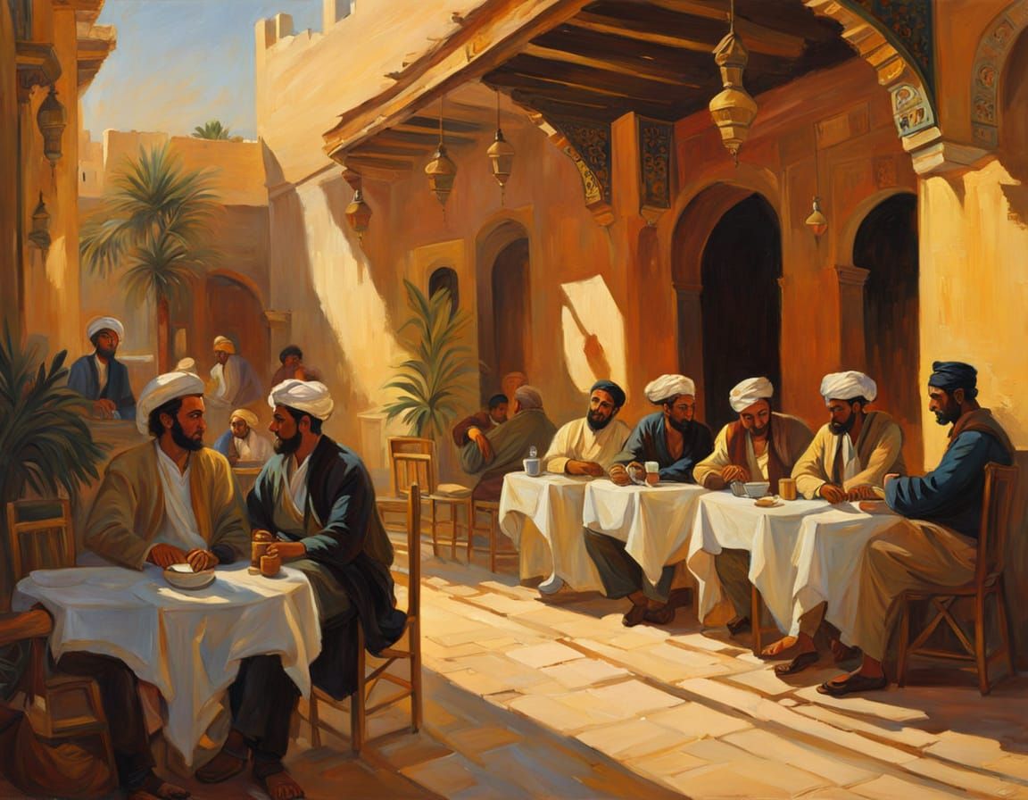 Tunisian Cafe Scene in Impressionist Style