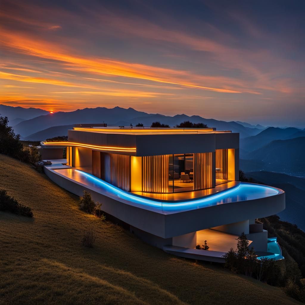Modern Villa on Mountain Top at Sunset