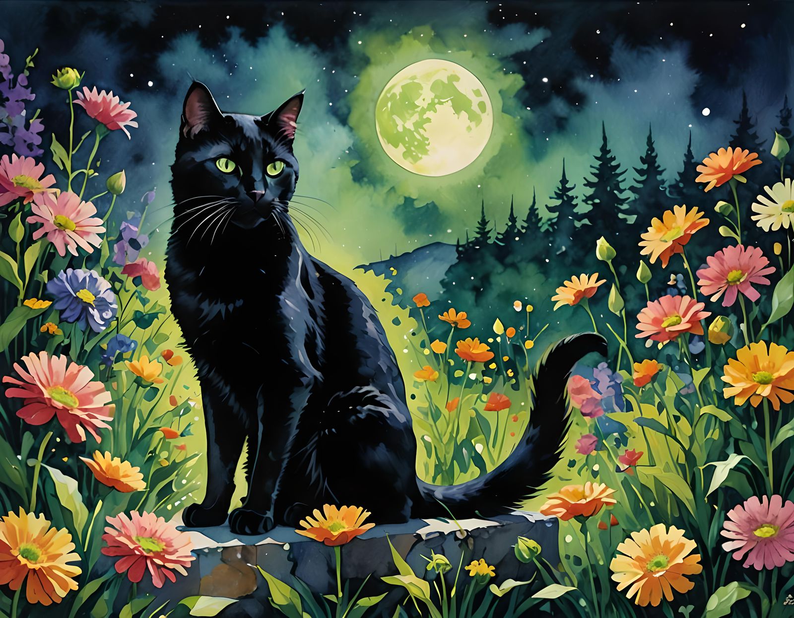 Impressionist Black Cat in Moonlight
