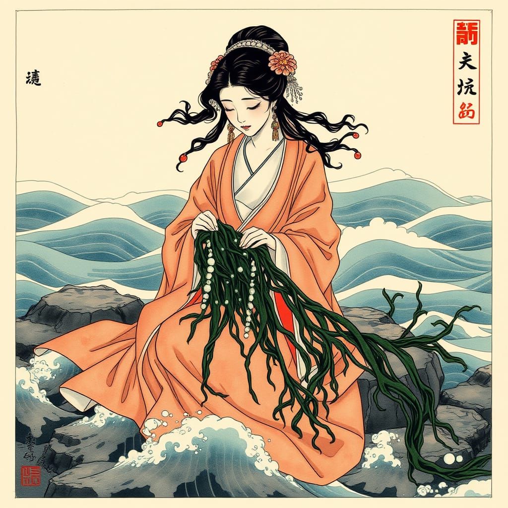 Renyu Weaving Tapestry in Hokusai Ukiyo-e Style