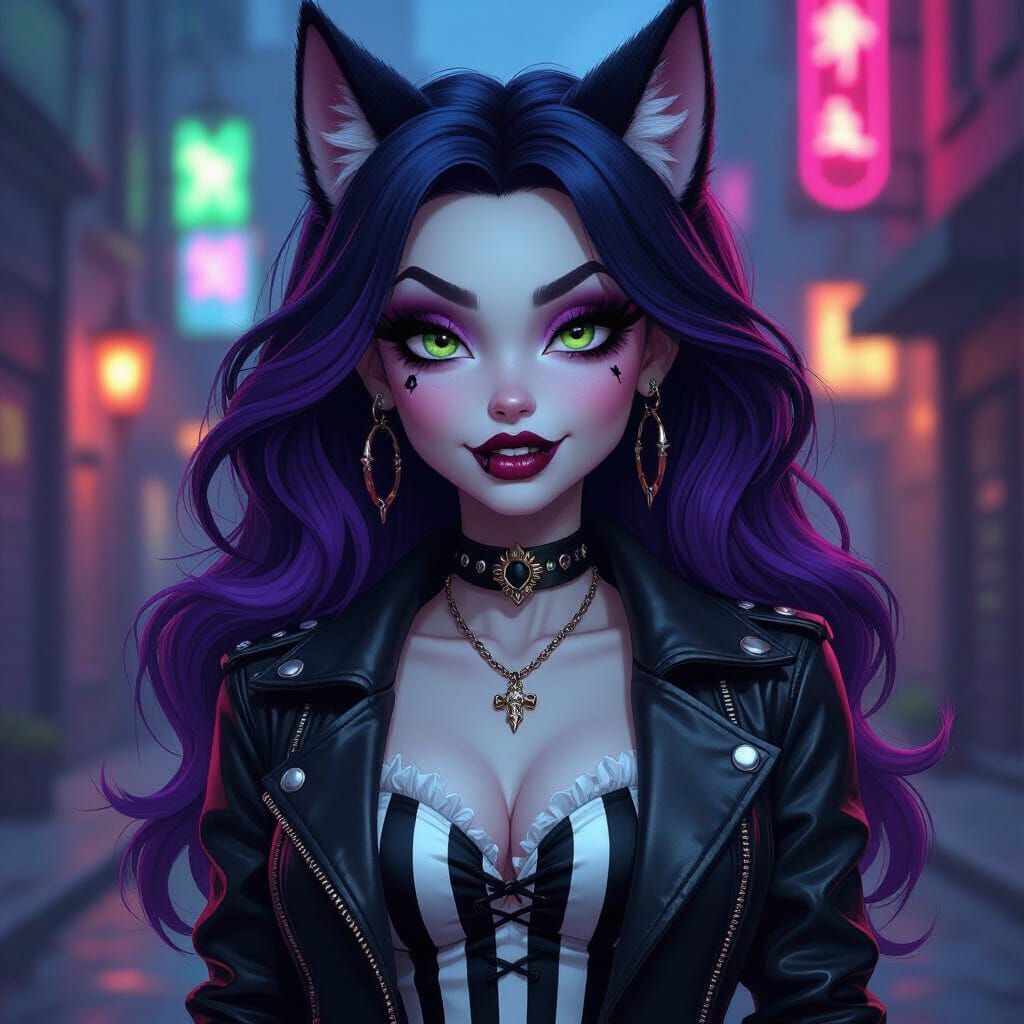Gothic Clawdeen Wolf in Urban Night Scene