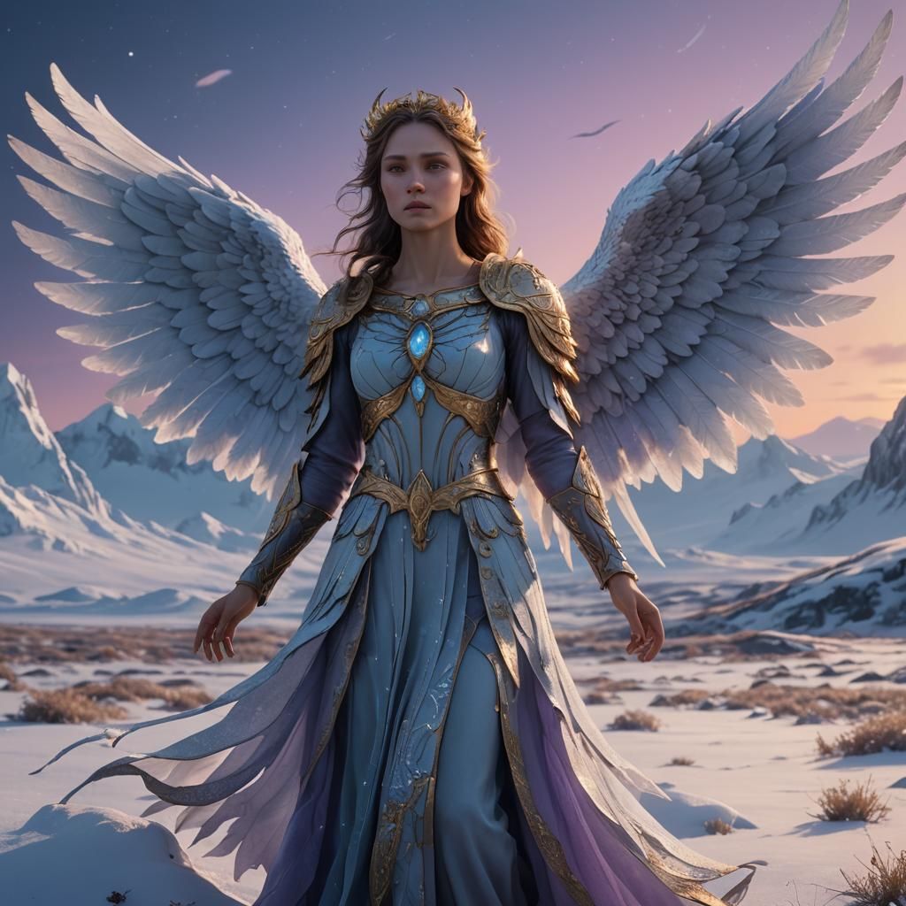 Icy Angel in Moonlit Tundra: Fantasy Concept Art