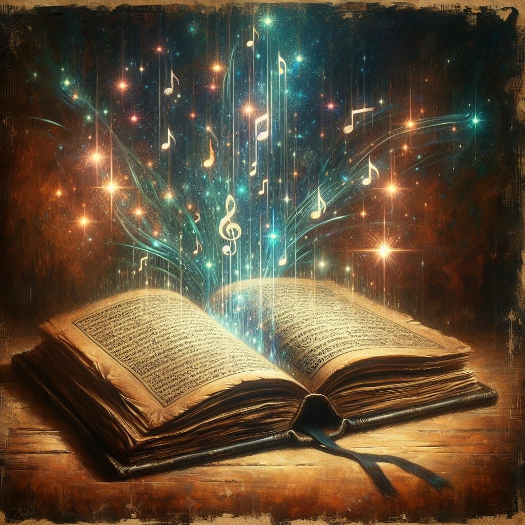Open Book Emitting Musical Notes Amidst Magical Stars