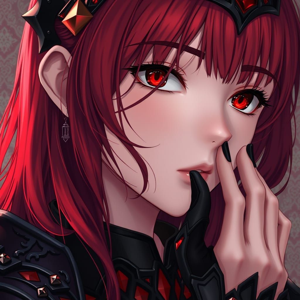 Anime Portrait: Crimson-Haired Woman in Black Armor