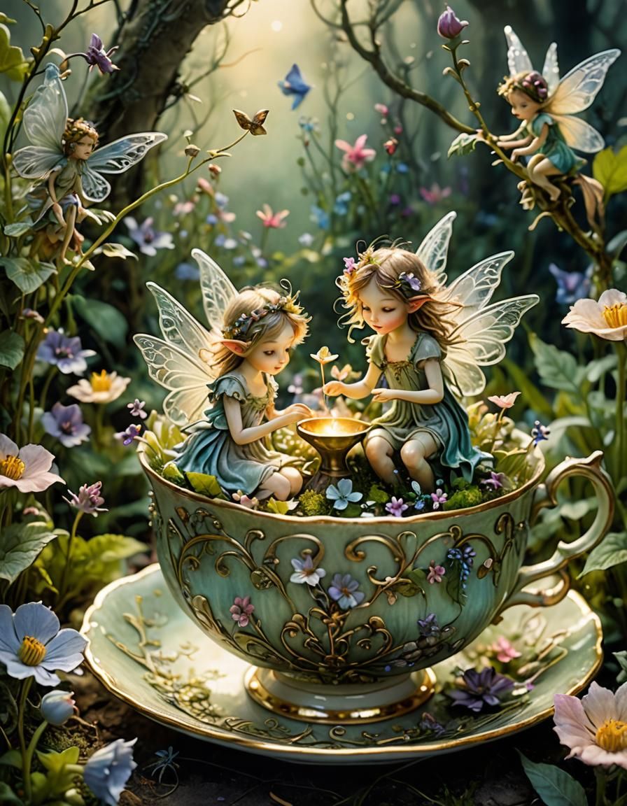 a Whimsy Teacup Oasis, where miniature fairies tend to a lush, glowing garden within a delicate, antique teacup on a mis...