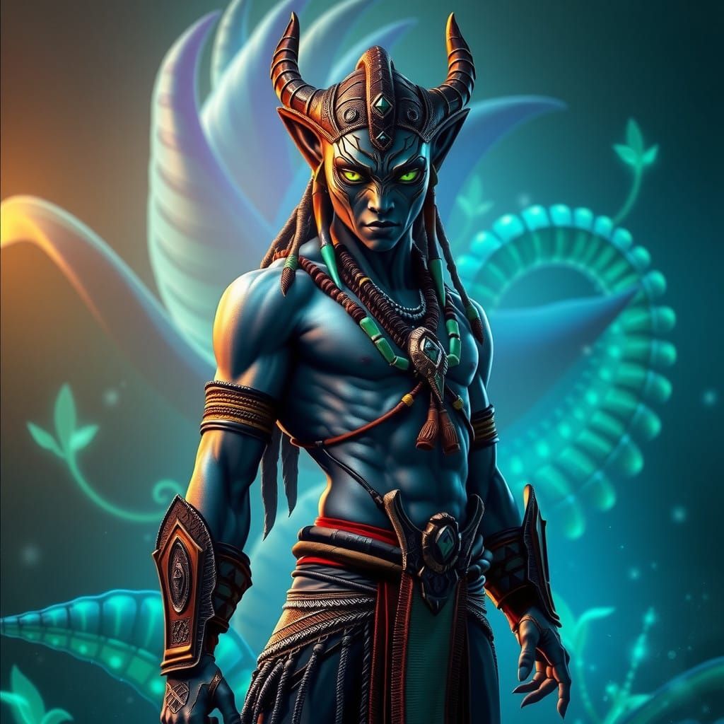 Tall Na'vi Warrior in Defensive Stance with Green Eyes