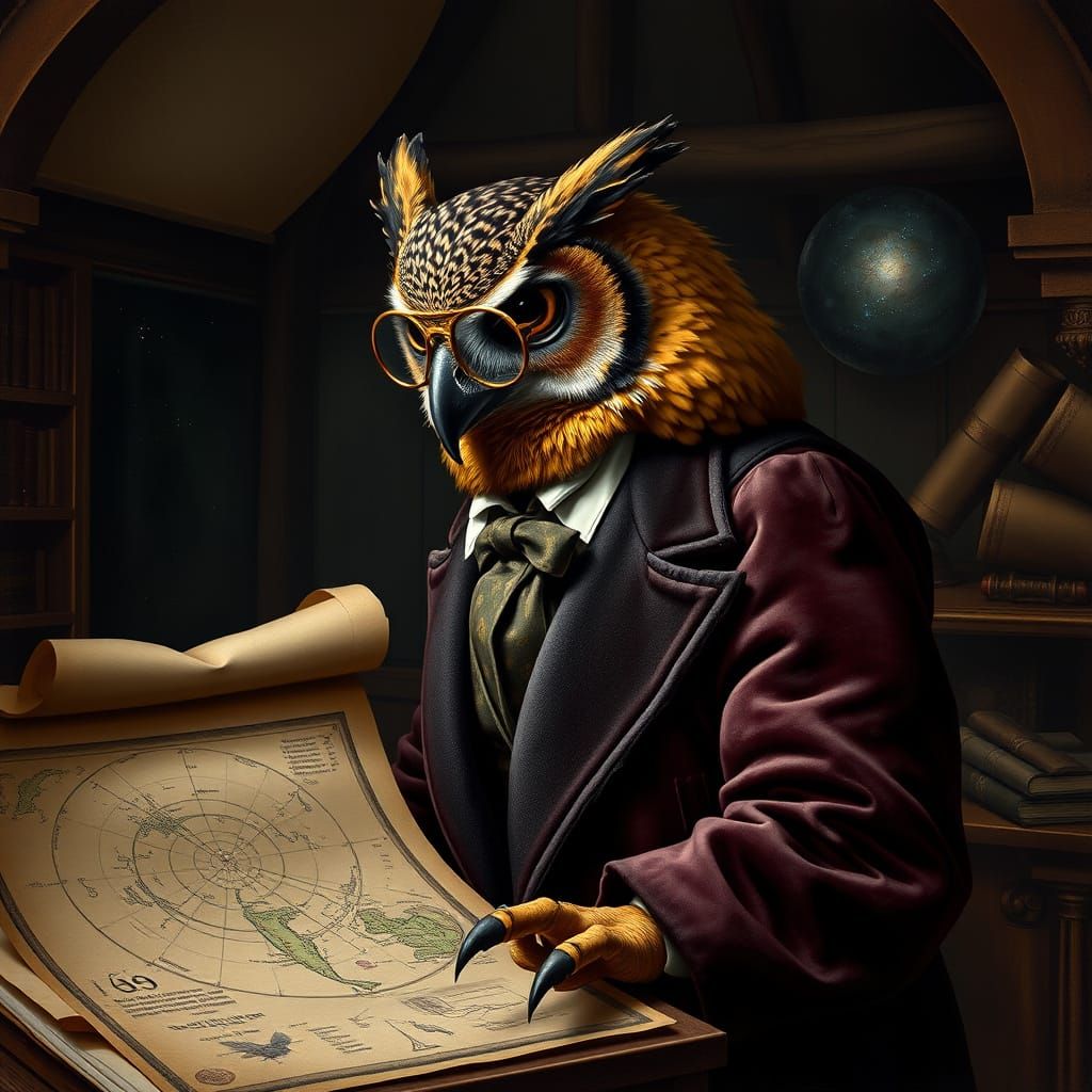 Renaissance Owl Gazes at Constellations