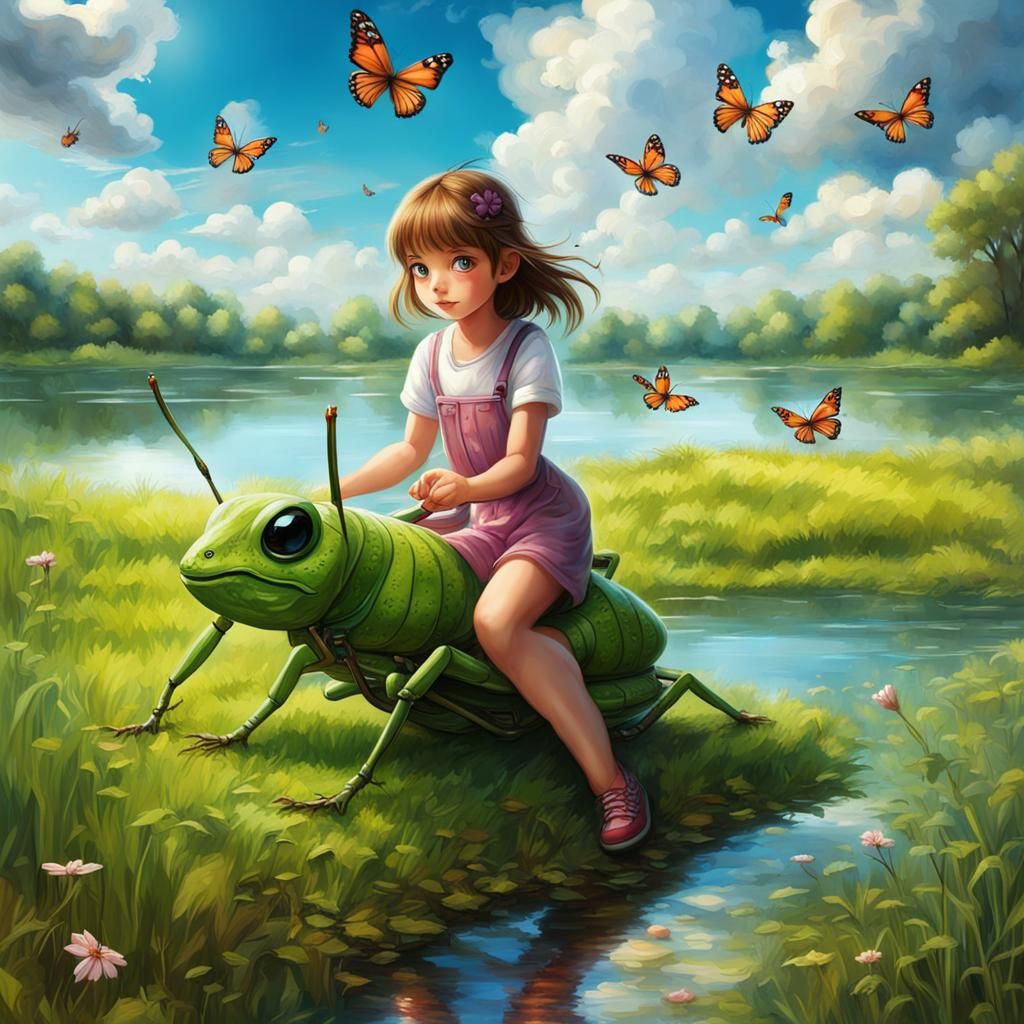 Girl, riding on a grasshopper.