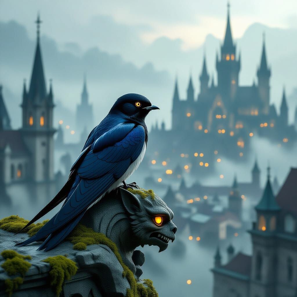 Obsidian Swallow on Gargoyle Overlooking Ancient City