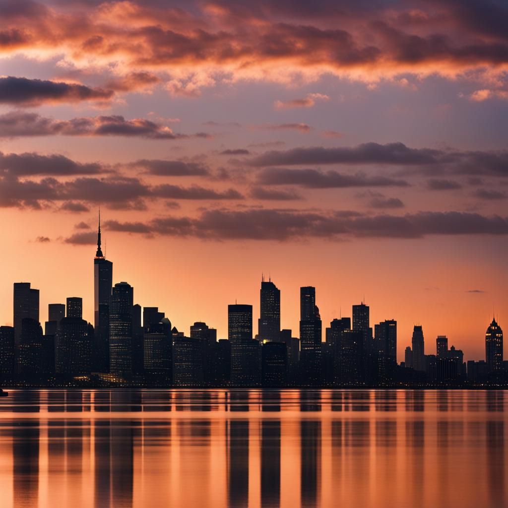City Skyline at Sunset Over Water