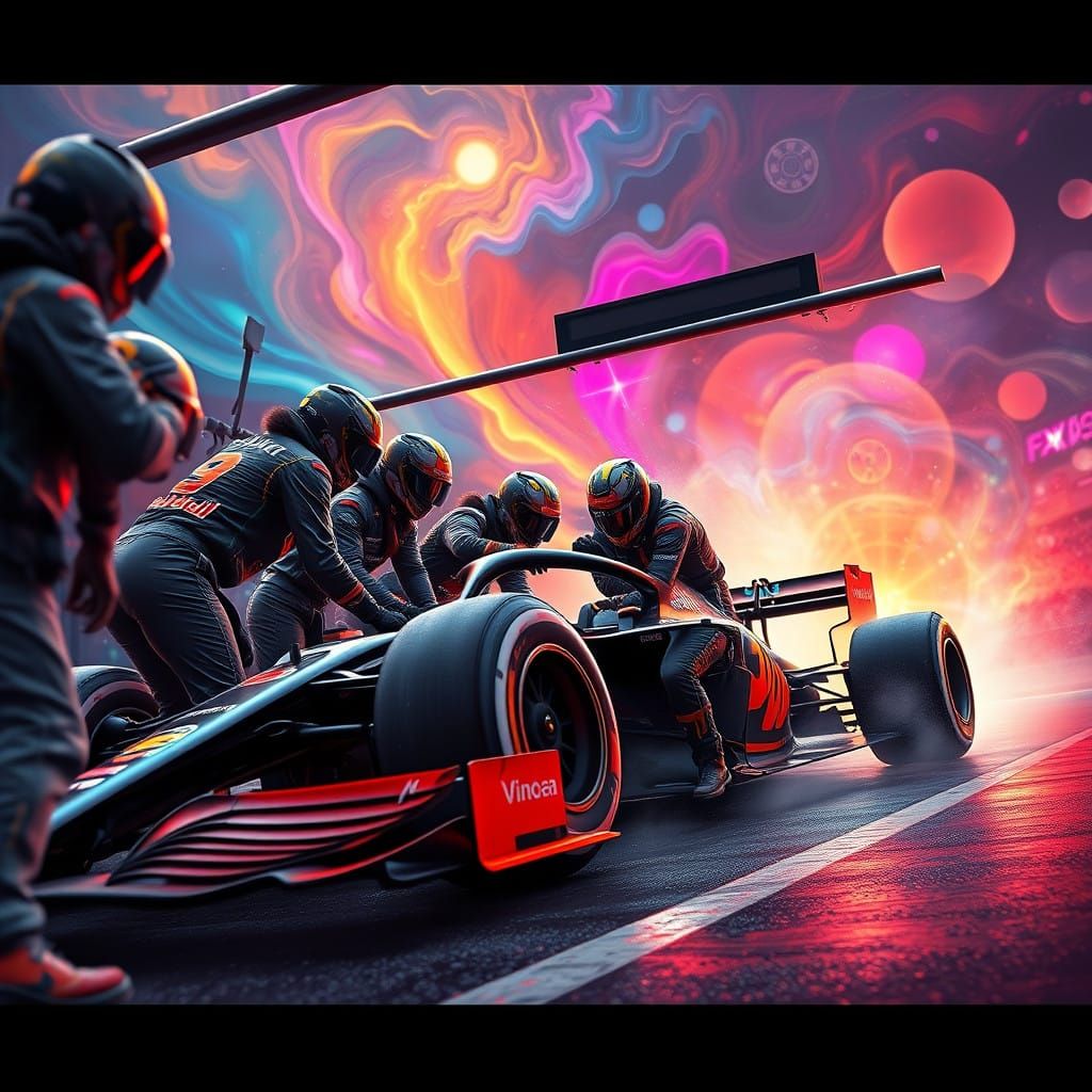 Formula 1 Pit Crew in Vibrant, Fantastical Racing World