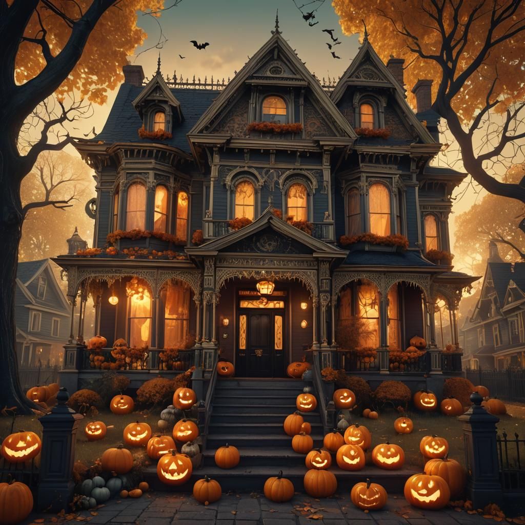 Victorian House Decorated for Halloween, Fantasy Concept Art