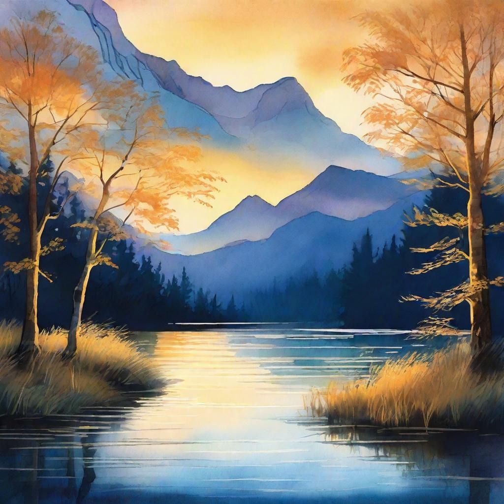 Glowing Willow Trees Reflecting Soft Mountains