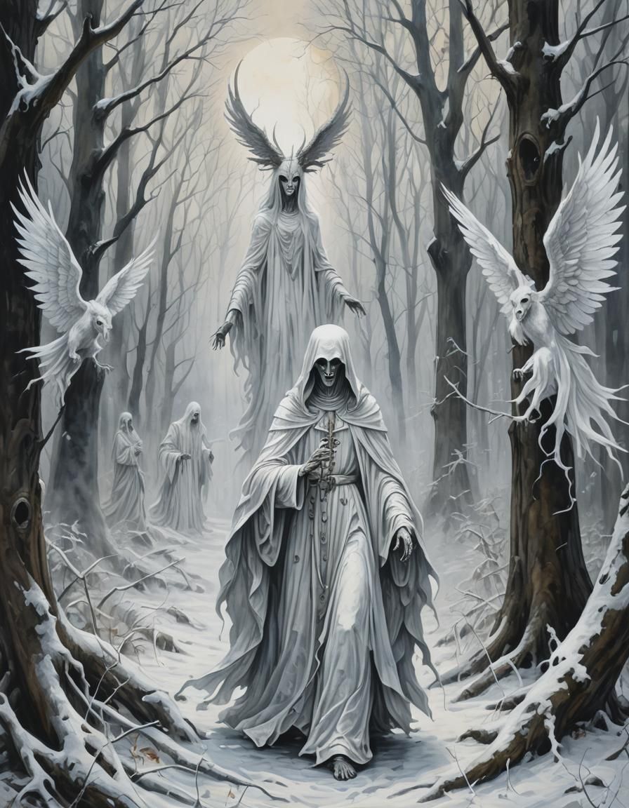 Ghostly Gothic Angel in Haunted Winter Woods
