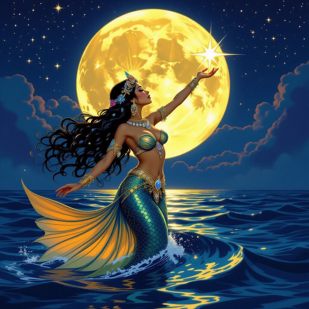 Goddess-Mermaid Reaching for a Star in Art Nouveau Style