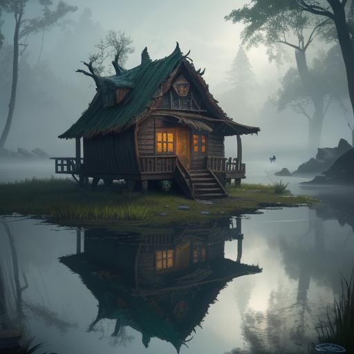 Baba Yaga's Hut with Dragon: Fantasy Concept Art