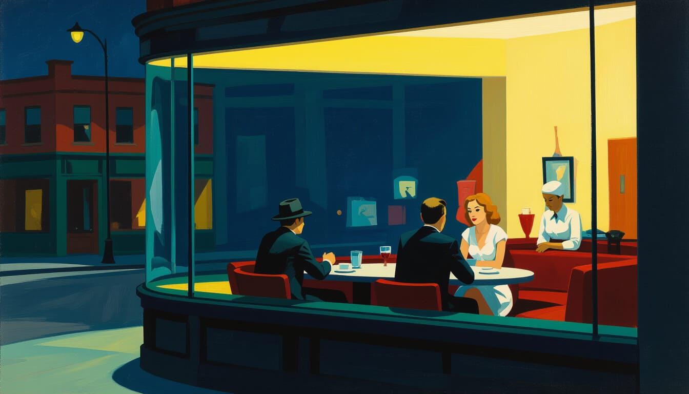 Nighttime Diner Scene Inspired by Edward Hopper