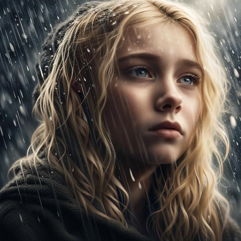 Contemplative Blonde Girl in Rain