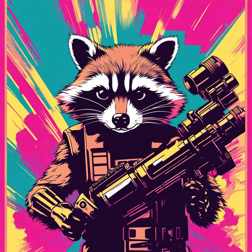 Rocket Raccoon with Bazooka in Vaporwave Style