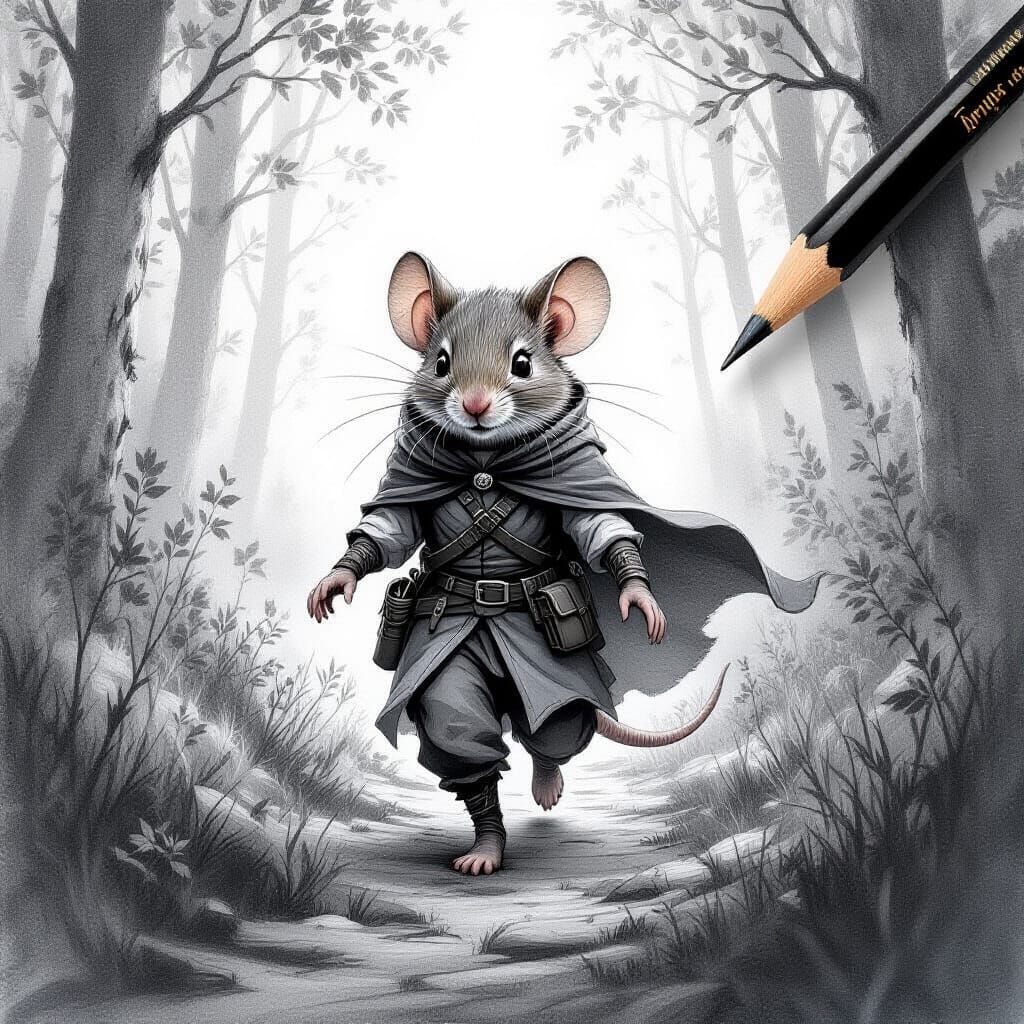 Finn the Mouse Bard: Graphite Painting Wanderer