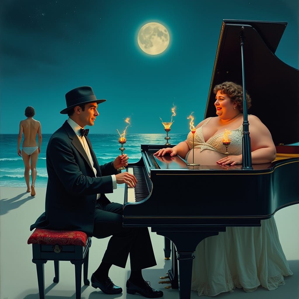 Midnight Piano Concert on Beach in Vettriano Style