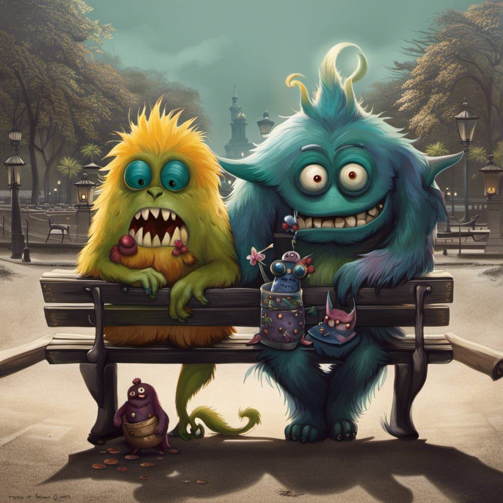 Monsters Relaxing on Park Bench in Surreal Style