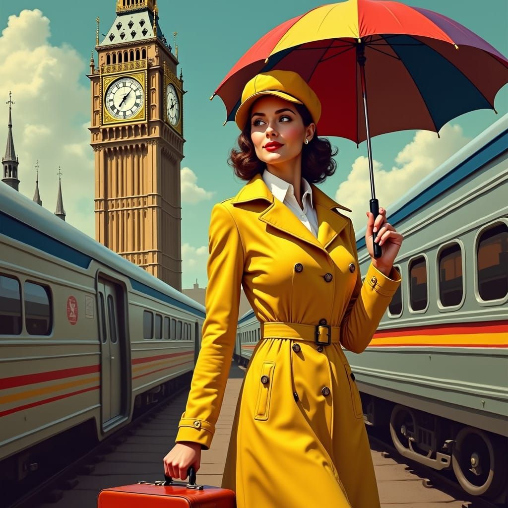 Vibrant Woman in Yellow Raincoat Holds Umbrella in Bustling....