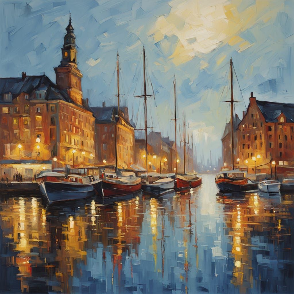 Hamburg Harbor Impasto Painting in Golden Hour Light