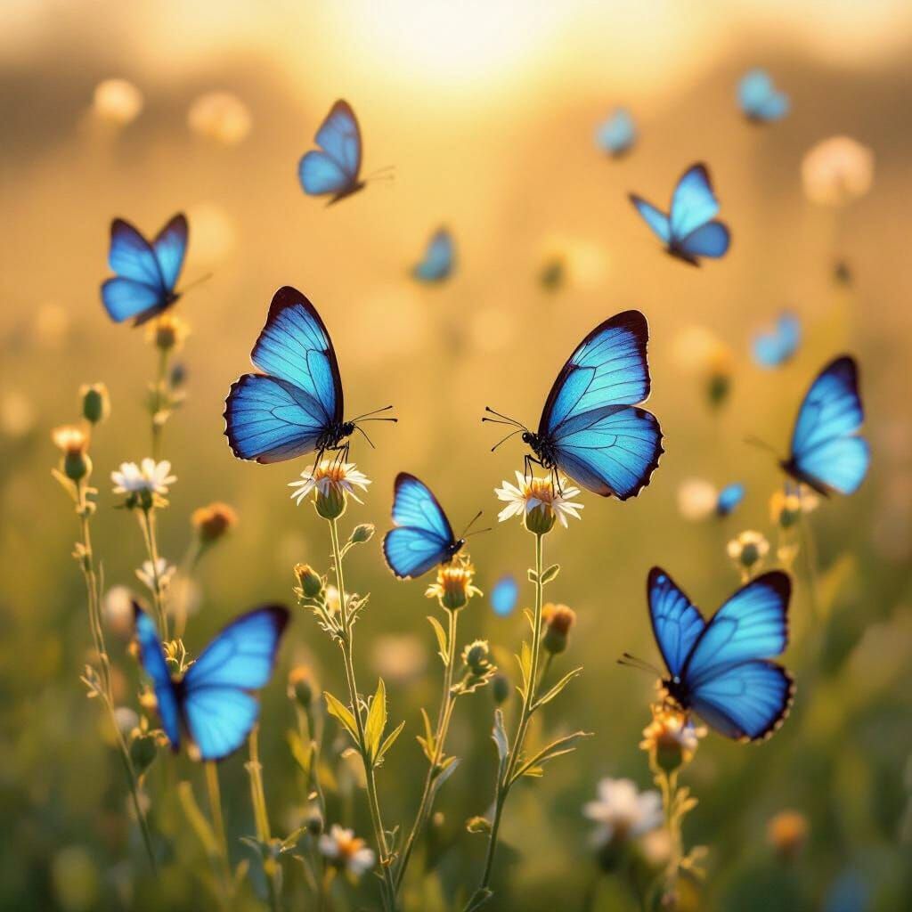 Azure Butterflies in Sunlit Meadow, Impressionist Style