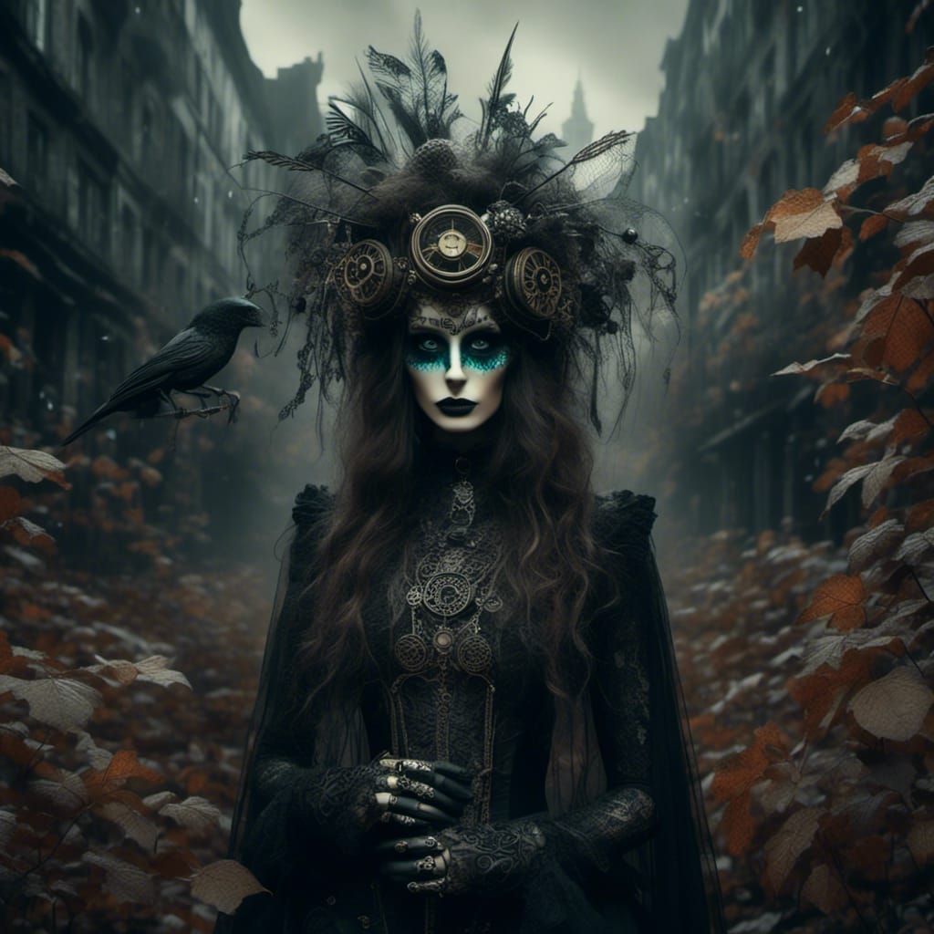 Steampunk Indigenous Warrior in Dystopian Metropolis