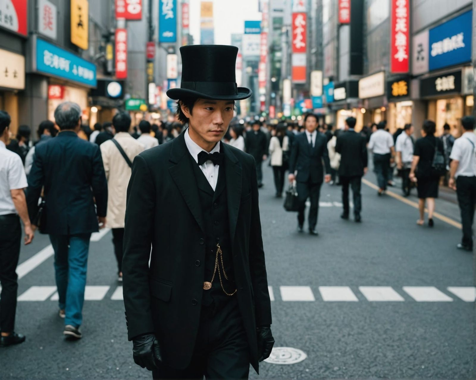 Person in Top Hat Walks Tokyo Street