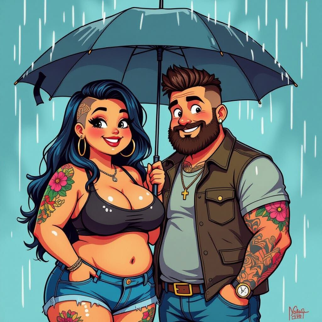Tattooed Woman and Mulleted Man Under Umbrella in Downpour