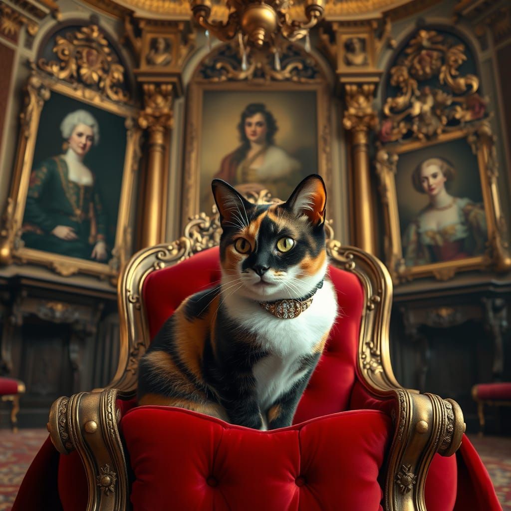 Calico Cat Diva on Throne in Baroque Hall