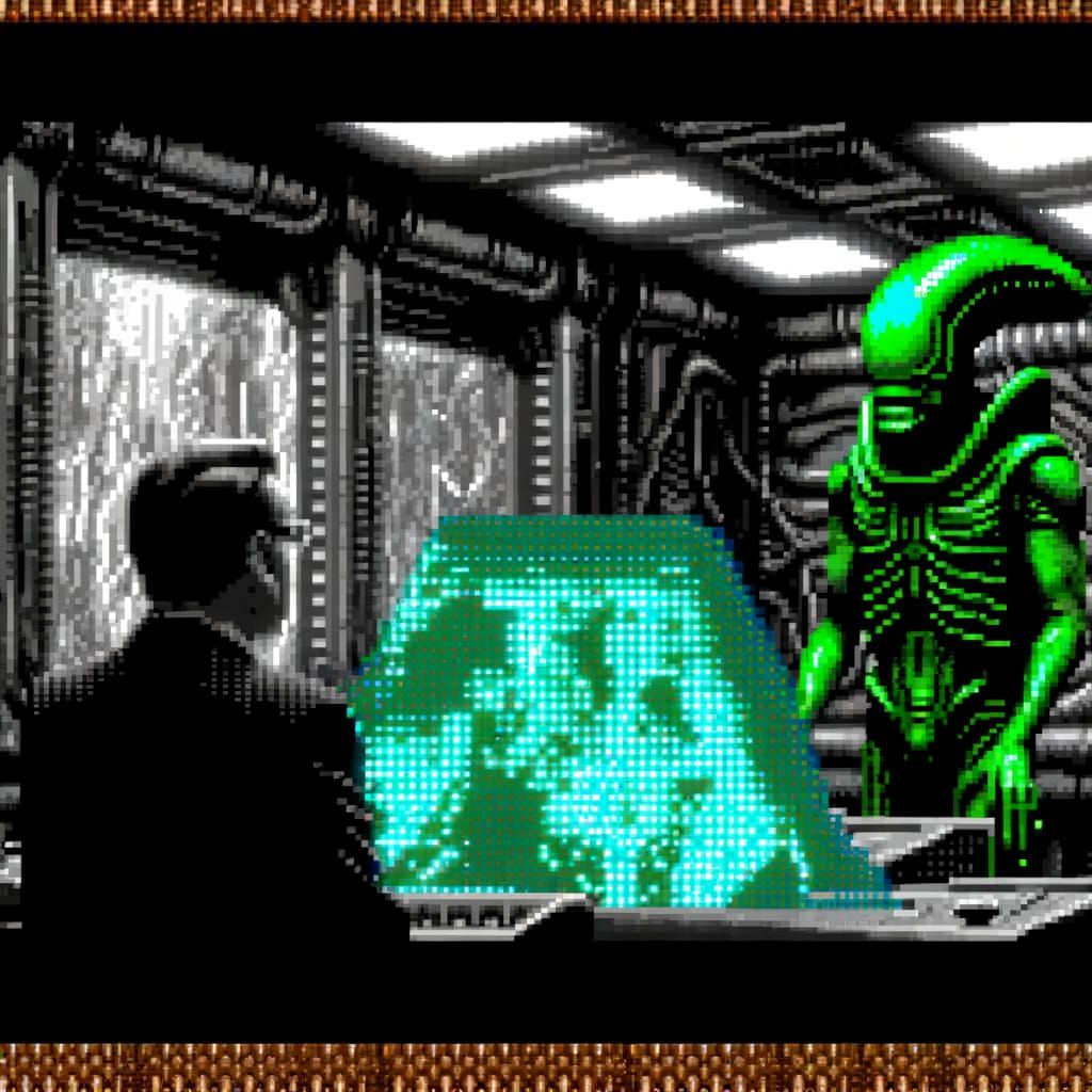 Ancient Alien Commander in Pixelated Bureaucratic Setting