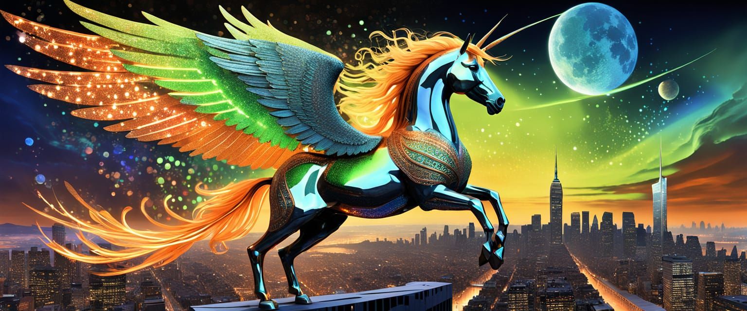 Vibrant Pegasus Soars Above City Skyline in Glittering Acryl...