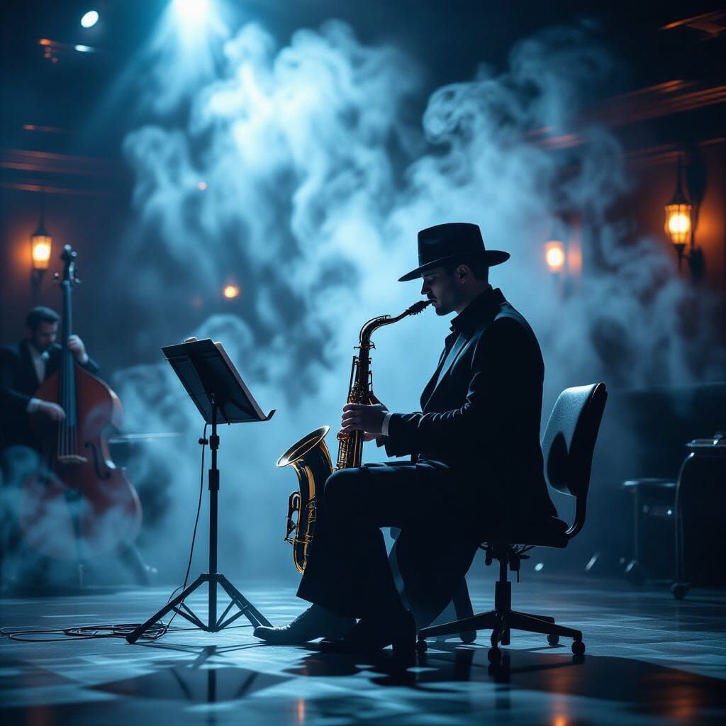 Futuristic Musician with Holographic Instrument in Smoky Jaz...