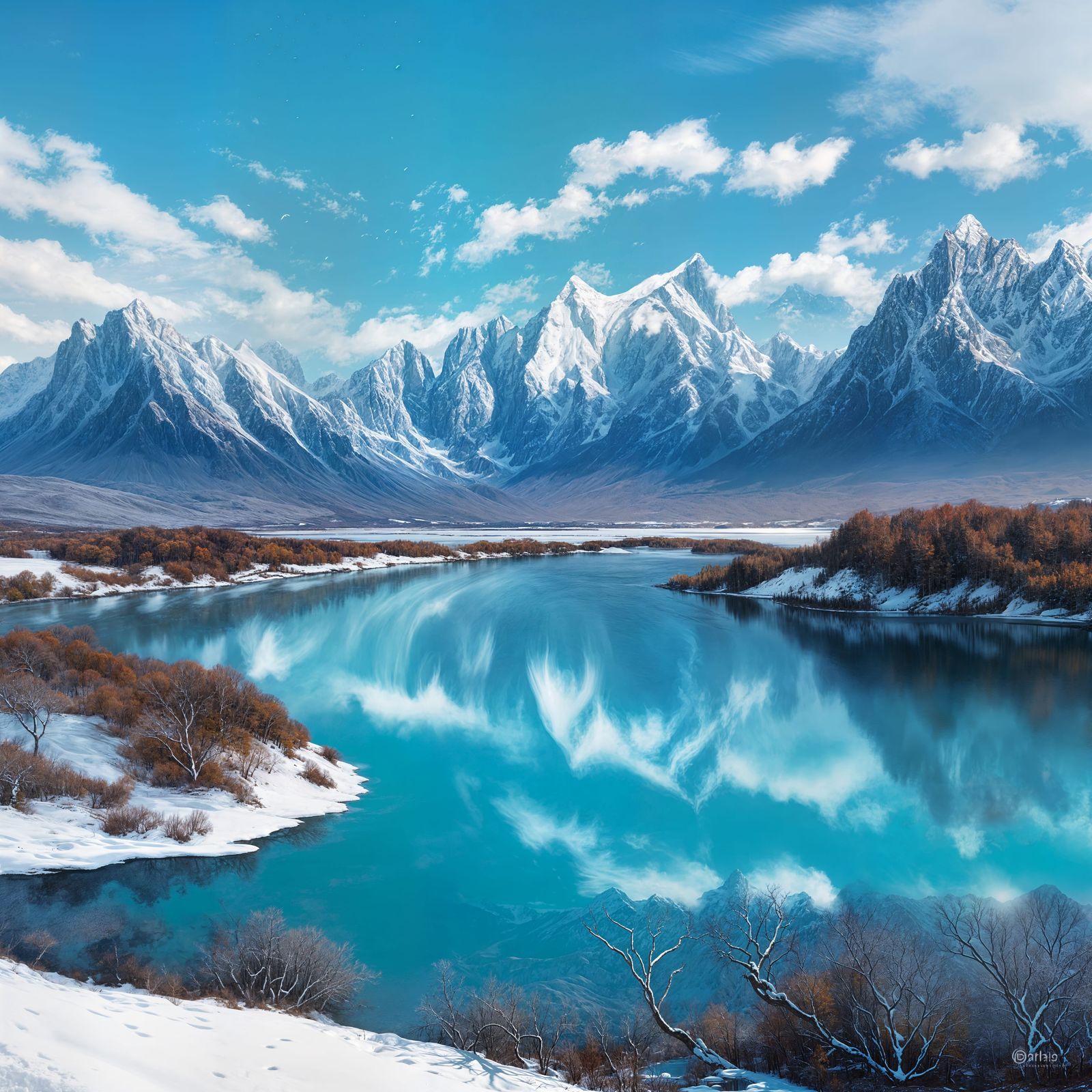 Panoramic Landscape with Mountains, Beach and Lake