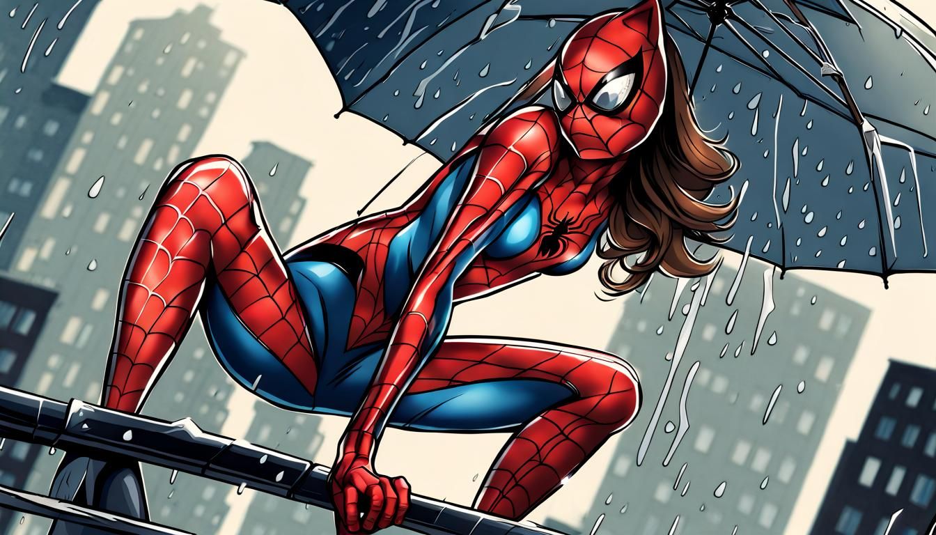 Female Spider-Hero in Catsuit Amidst Rainy Cityscape
