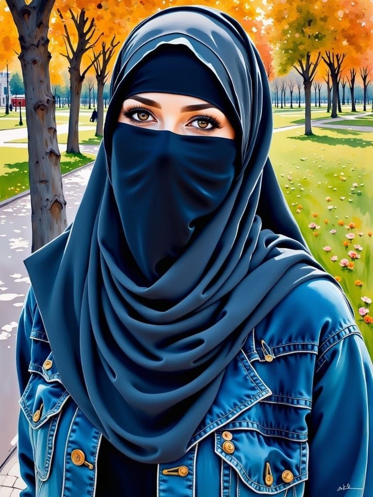 Young Woman in Niqab: Oil-Guache Portrait