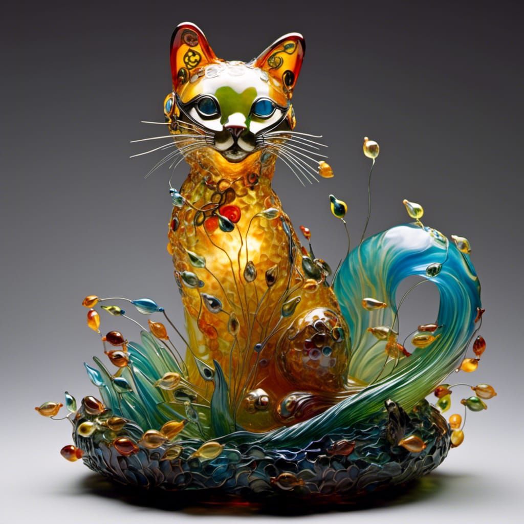 Illuminated Glass Cat Sculpture in Fantasy Artwork