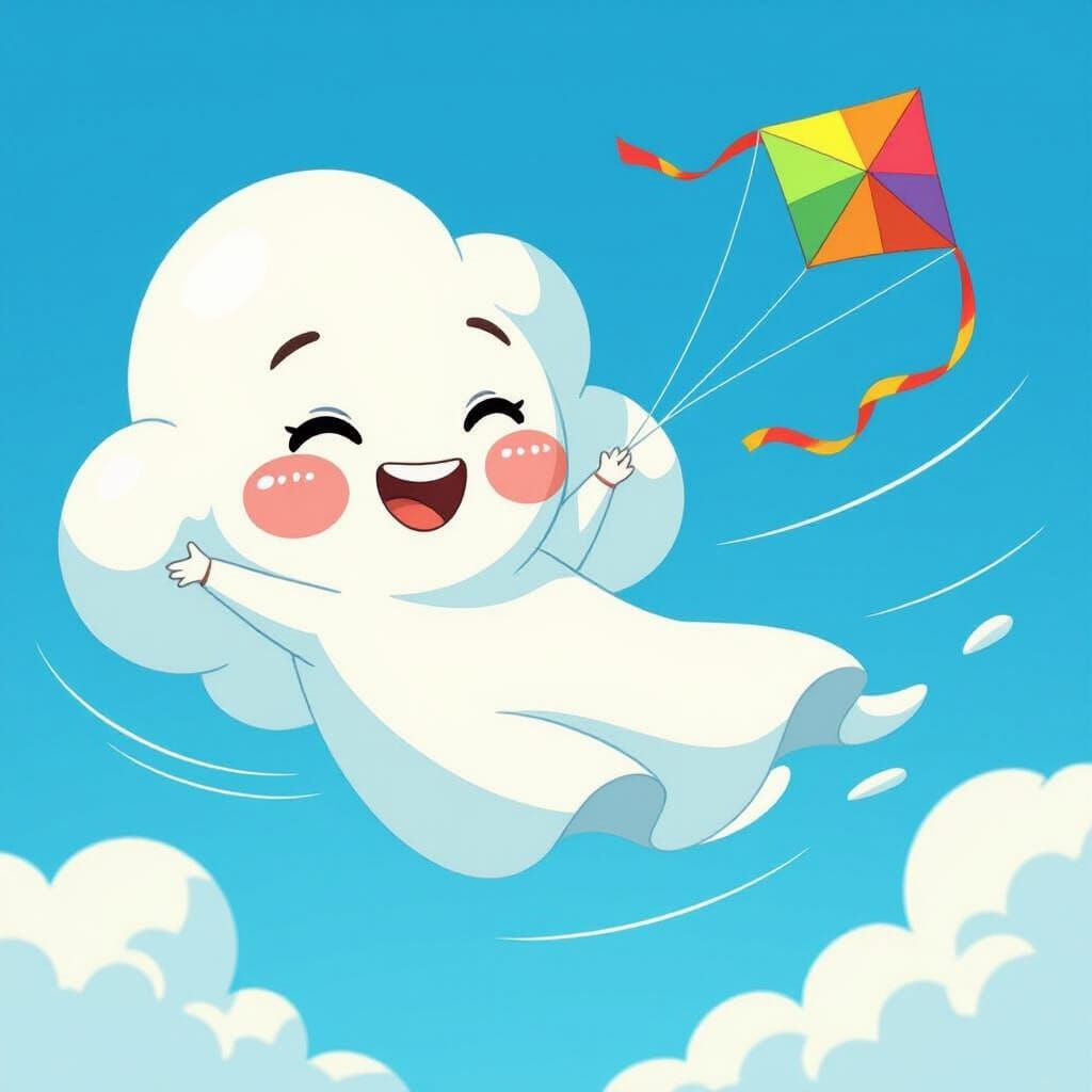 Cheerful Cloud Blows Kite in Whimsical Cartoon Style