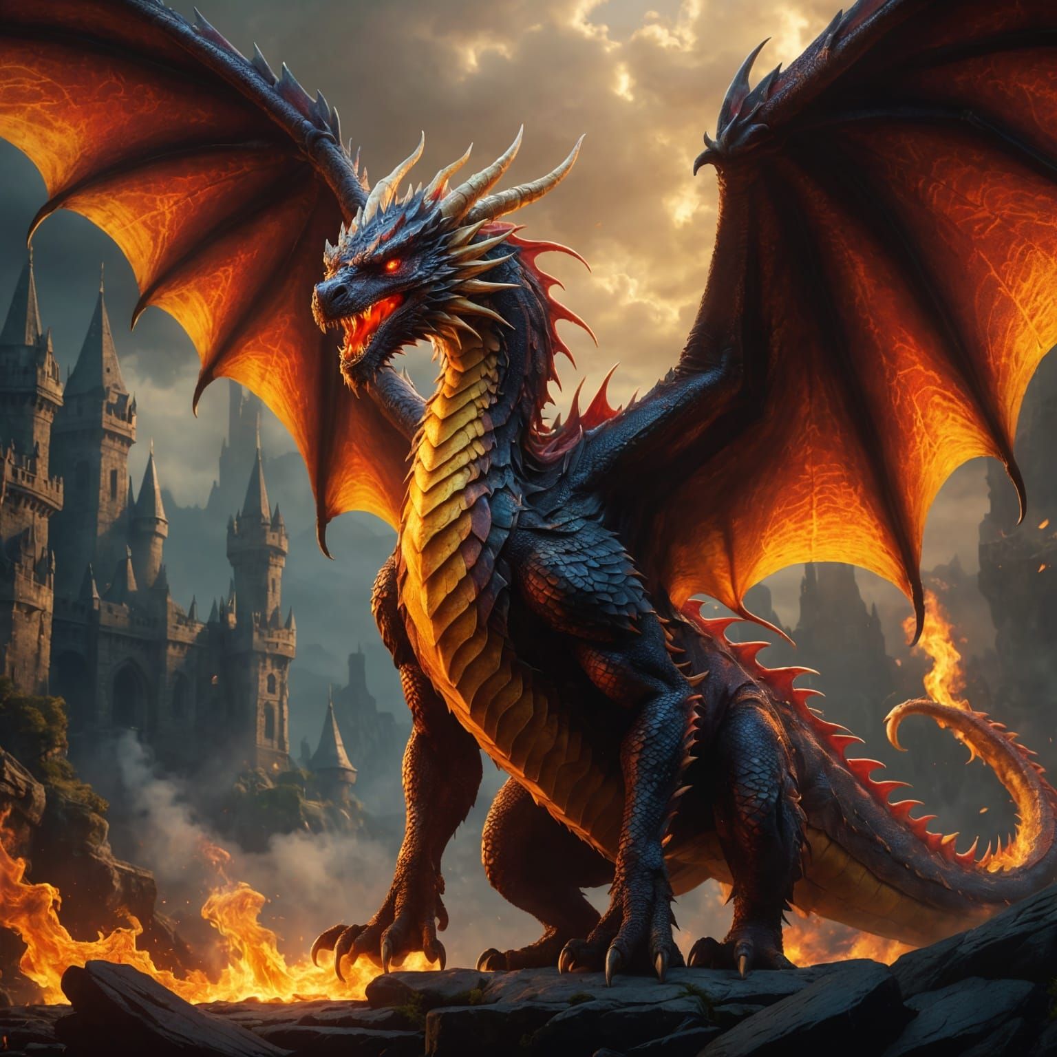 Majestic Red Dragon Breathing Fire: Fantasy Concept Art